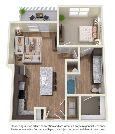 Floor plan for 1 bed, 1 bath, 703 sqft